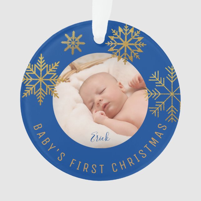 Blue Gold Babys primer regalo de Navidad Ornamento (Anverso)
