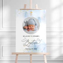 Blue & Gold Baptism Photo Welcome Sign Watercolor