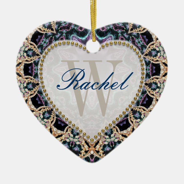 Blue Gold Batik Monograma Ornamento del corazón de (Frente)