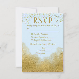 Blue Gold Confetti RSVP Boda Response Menú de comi