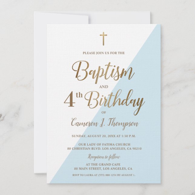 Blue Gold Cross Baptism 4ª Invitación de cumpleaño (Anverso)