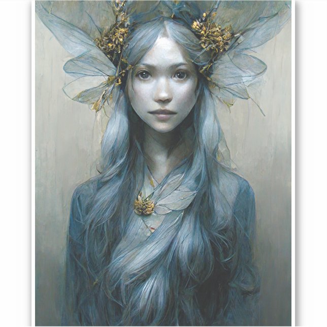 Blue Gold Fairy Fantasy Art Pegatina (Anverso)