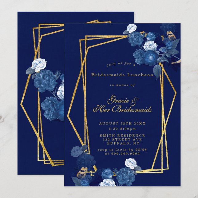 Blue & Gold Floral Bridesmaids Invitaciones para e (Anverso / Reverso)