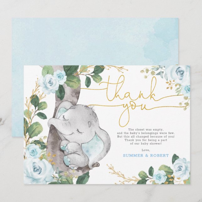 Blue Gold Floral Elephant Baby Tarjeta de agradeci (Anverso / Reverso)