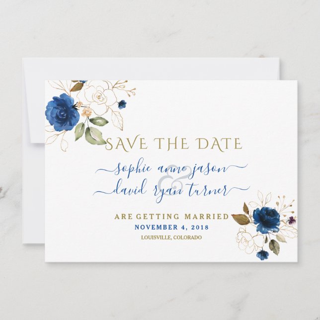 Blue Gold Floral Invitación de Boda Save The Date (Anverso)