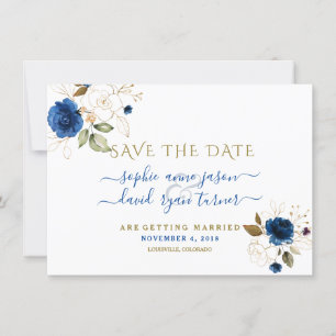 Blue Gold Floral Invitación de Boda Save The Date