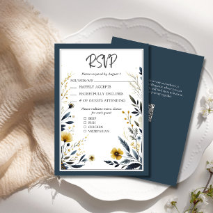 Blue Gold Formant Elegant Floral Wedding RSVP