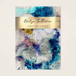 Blue gold glitter watercolor jewelry display card