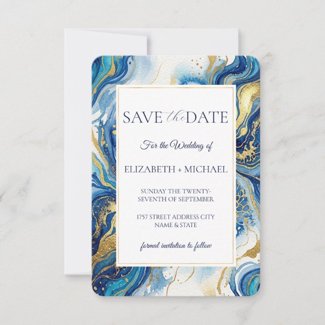 Blue Gold Marble  Elegante Anuncio de Boda Save th (Anverso)