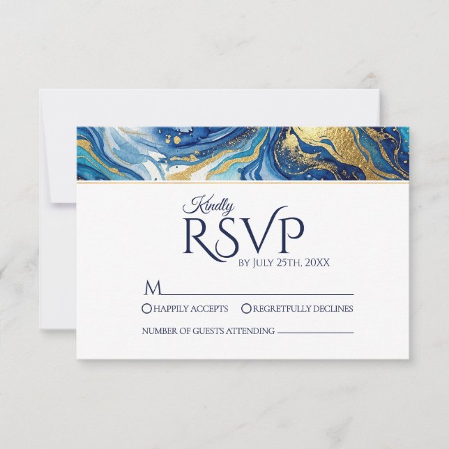 Blue Gold Marble RSVP Elegant Wedding Response (Anverso)