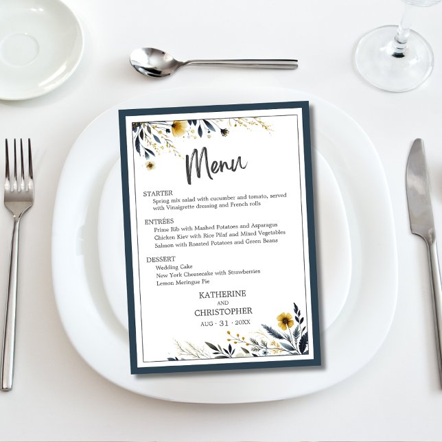 Blue Gold Modern Elegant Floral Boda Menú (Blue Gold Floral Elegant Wedding Menu with entree and dessert options.)
