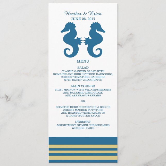 Blue Gold Nautical Seahorse Boda Menú (Anverso)