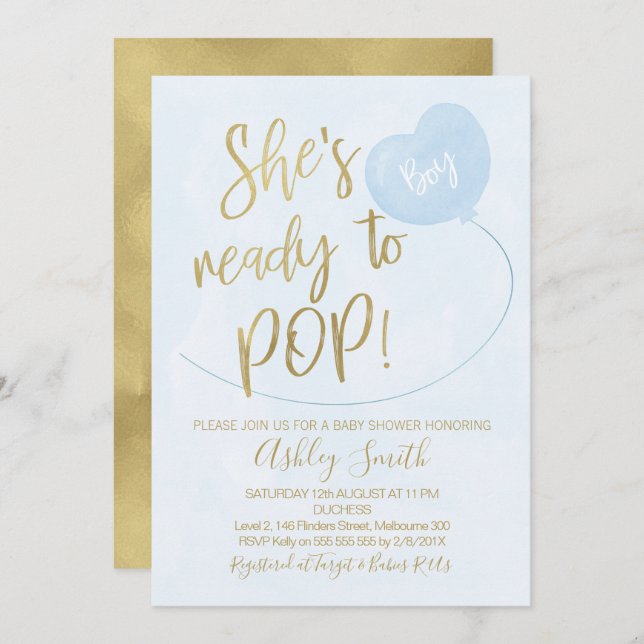 Blue Gold Ready to Pop Invitación Baby Shower (Anverso / Reverso)