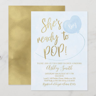 Blue Gold Ready to Pop Invitación Baby Shower