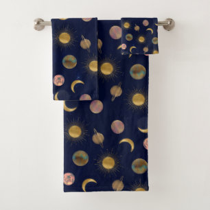 Blue Gold Sun Moon Planets Space ilustracion