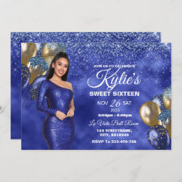 Blue & Gold Sweet 16 Chicas Invitación a cumpleaño