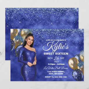 Blue & Gold Sweet 16 Chicas Invitación a cumpleaño