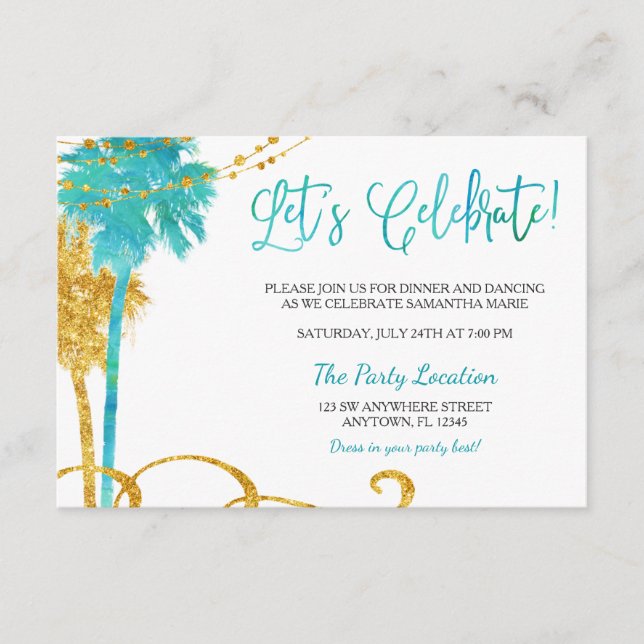 Blue Gold Watercolor Beach Bat Mitzvah Recepción (Anverso)