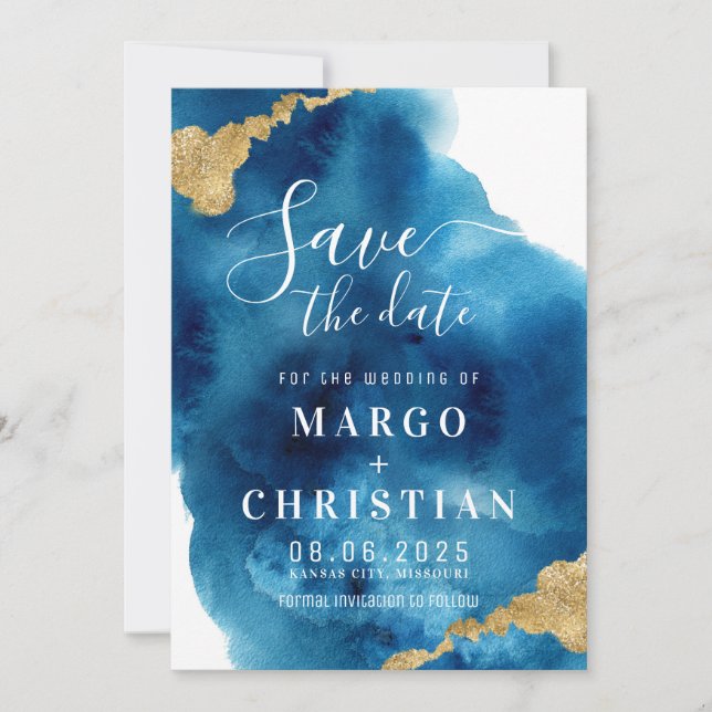 Blue & Gold Watercolor Guardar La Invitación De Fe (Anverso)