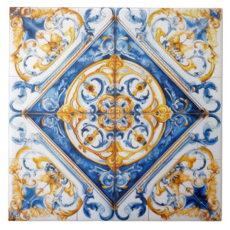 Blue Gold & White Talavera Azulejo Look Tile