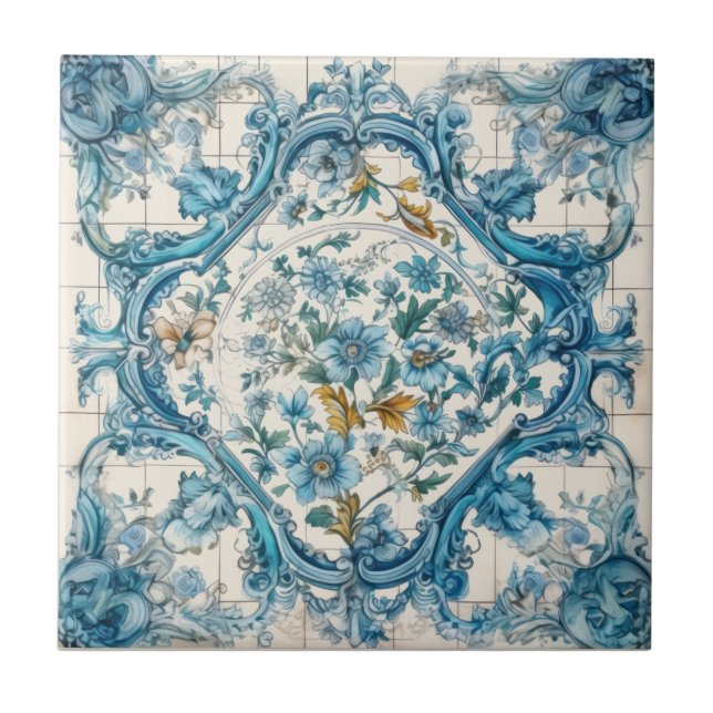 Blue Gold & White Talavera Azulejo Look Tile 3 (Frente)