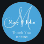 Blue Gracias Boda Monograma Pegatina<br><div class="desc">Pegatinas iniciales con nombre de novia y novio, fecha de boda y un mensaje de agradecimiento para expresar su gratitud en su día de boda o en cualquier ocasión especial. .Hay más colores disponibles para su elección . También puede personalizar el color y el tipo de letra utilizando el botón...</div>