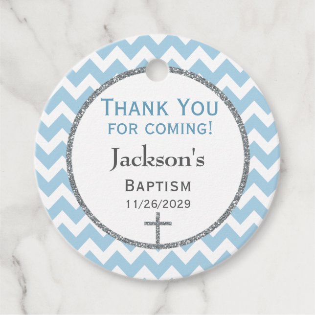Blue Gray Chevron Boys Baptism Gracias Etiqueta De (Anverso)