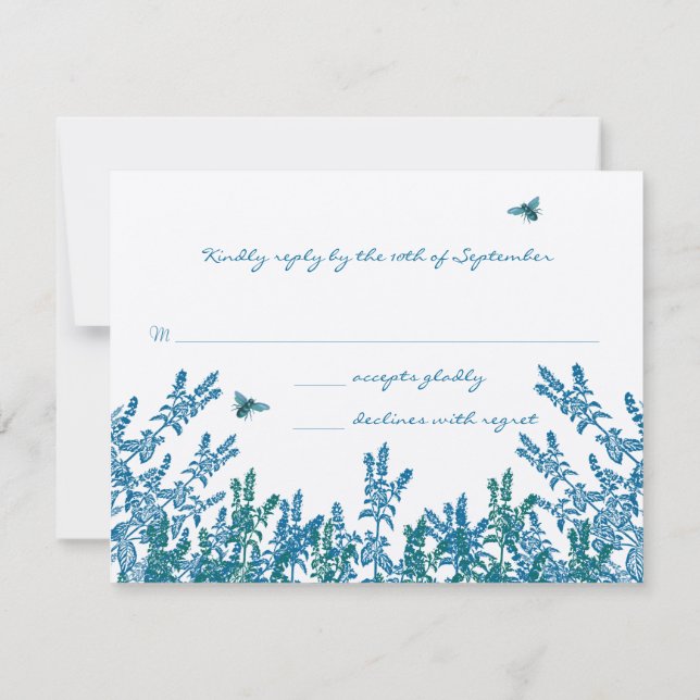 Blue Green Meadow Floral Bumble Bee Wedding RSVP (Reverso)