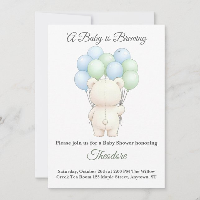 Blue Green Watercolor Teddy Bear Theme invitation (Anverso)
