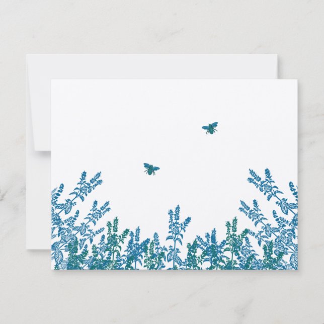 Blue Green Wild Flower Bee Wedding RSVP #3 (Anverso)