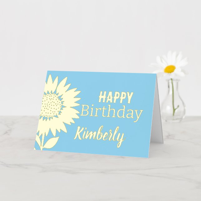 Blue Happy Birday Sunflower Custom Name Gold (Flor pequeña)