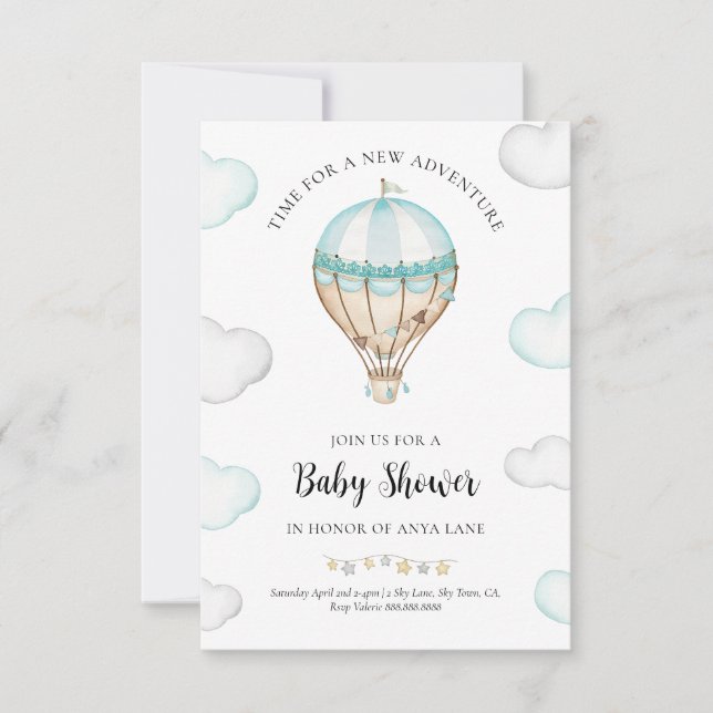 Blue Hot Air Balloon Invitación a Baby Shower Boy (Anverso)