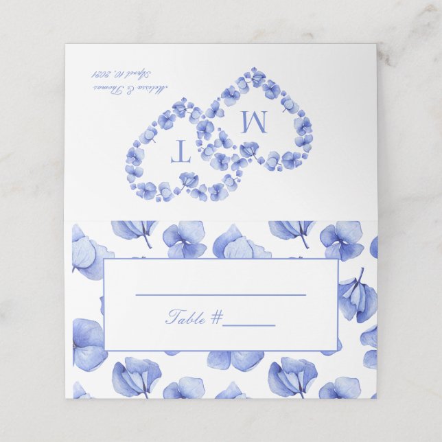 Blue Hydrangea Boda floral Tarjeta de lugar plegad (Exterior desplegado)