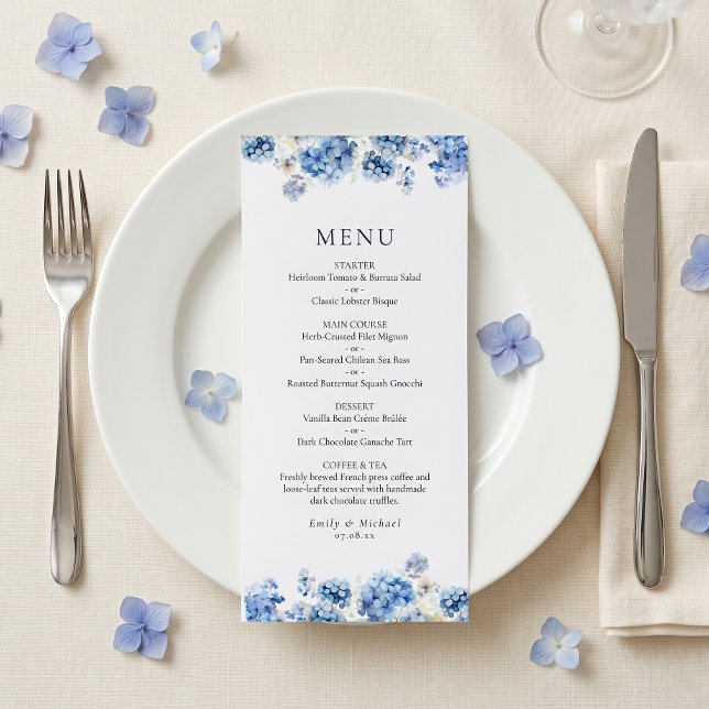 Blue Hydrangea Coastal Wedding Flat Menu (Subido por el creador)