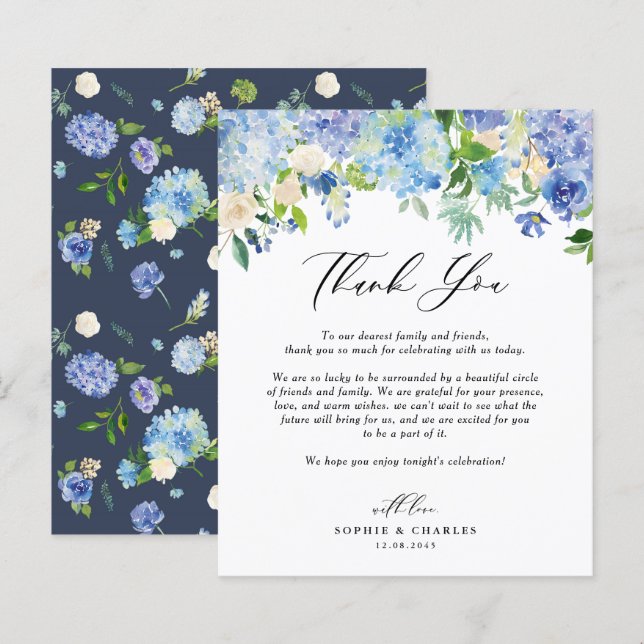 Blue Hydrangea Floral Boda Gracias Tarjeta (Anverso / Reverso)