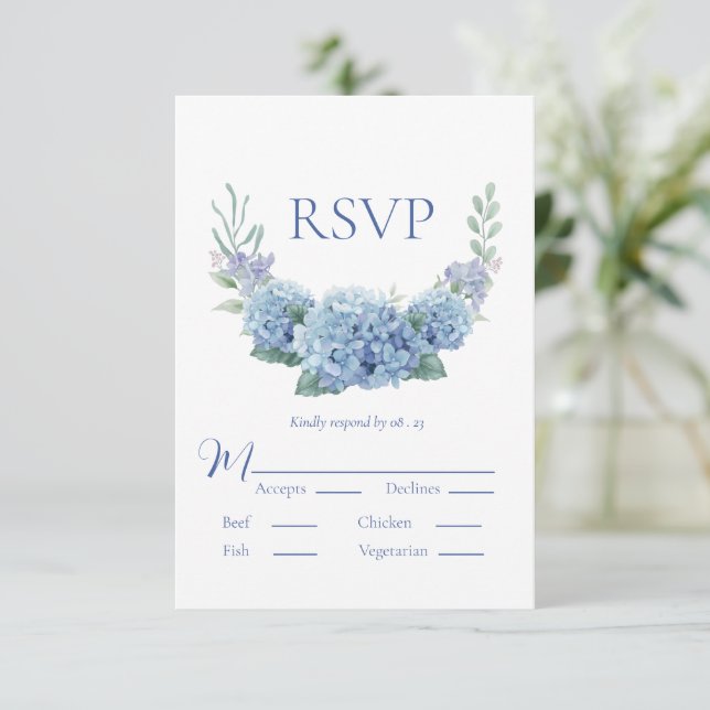 Blue Hydrangea Floral Watercolor Wedding RSVP (Anverso de pie)