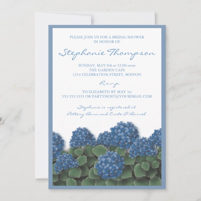 Blue Hydrangea Flores Bridal Ducha Invitación (Anverso)