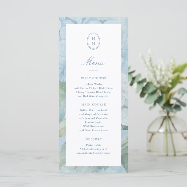 Blue Hydrangea Monogram Crest Wedding Flat Menu (Anverso de pie)