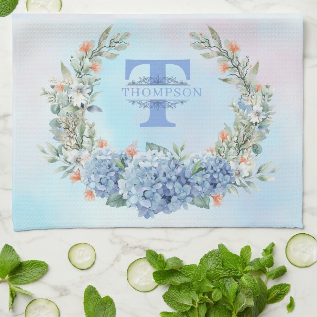 Blue Hydrangea Monogram Kitchen Toalla (Doblado)