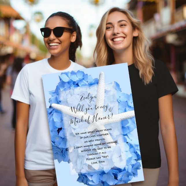 Blue Hydrangea Starfish Be My Bridesmaid Card (Subido por el creador)