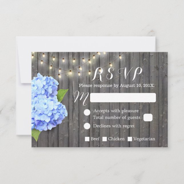 Blue Hydrangea & String Lights Barn Wood RSVP (Anverso)