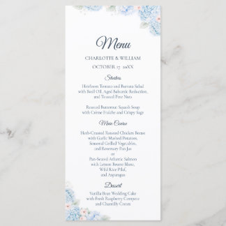 Blue Hydrangea Watercolor Floral Wedding Menu