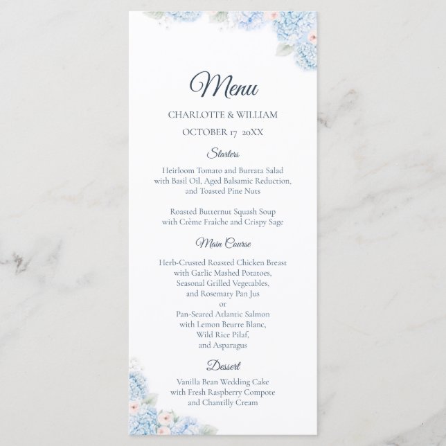 Blue Hydrangea Watercolor Floral Wedding Menu (Anverso)