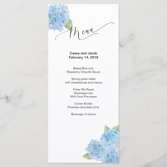 Blue Hydrangea Watercolor Menu (Anverso)