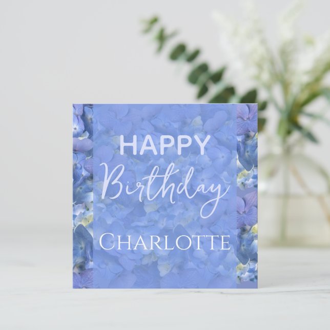 Blue Hydrangeas Blooms Happy Birday Custom Name (Anverso de pie)