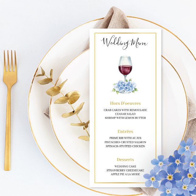 Blue Hydrangeas Wine Glass Wedding Flat Menu (Subido por el creador)