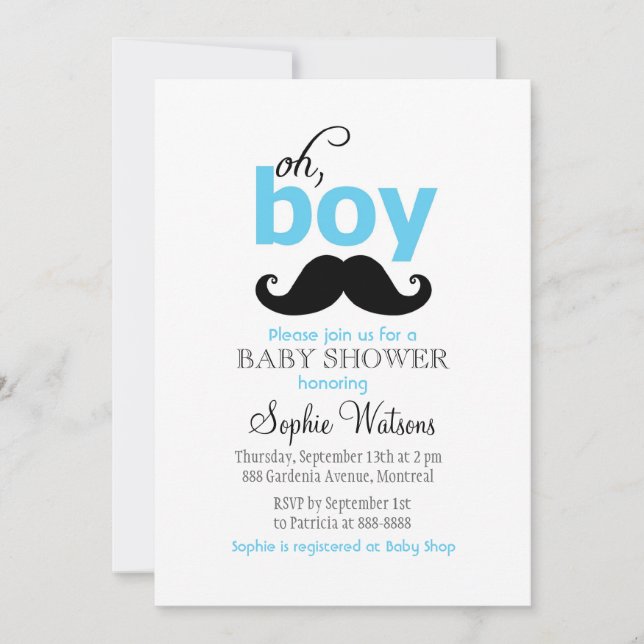 Blue It's a Boy Mustache Baby Shower Invitaciones (Anverso)