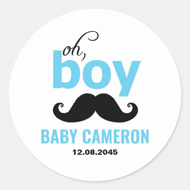 Blue It's a Boy Mustache Pegatina de Baby Shower (Anverso)