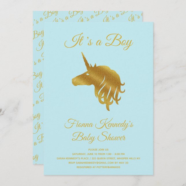 Blue It's a Boy Unicorn Invitación de Baby Shower (Anverso / Reverso)