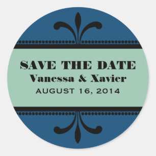 Blue/Jade Fancy Art Deco Save the Date Pegatinas